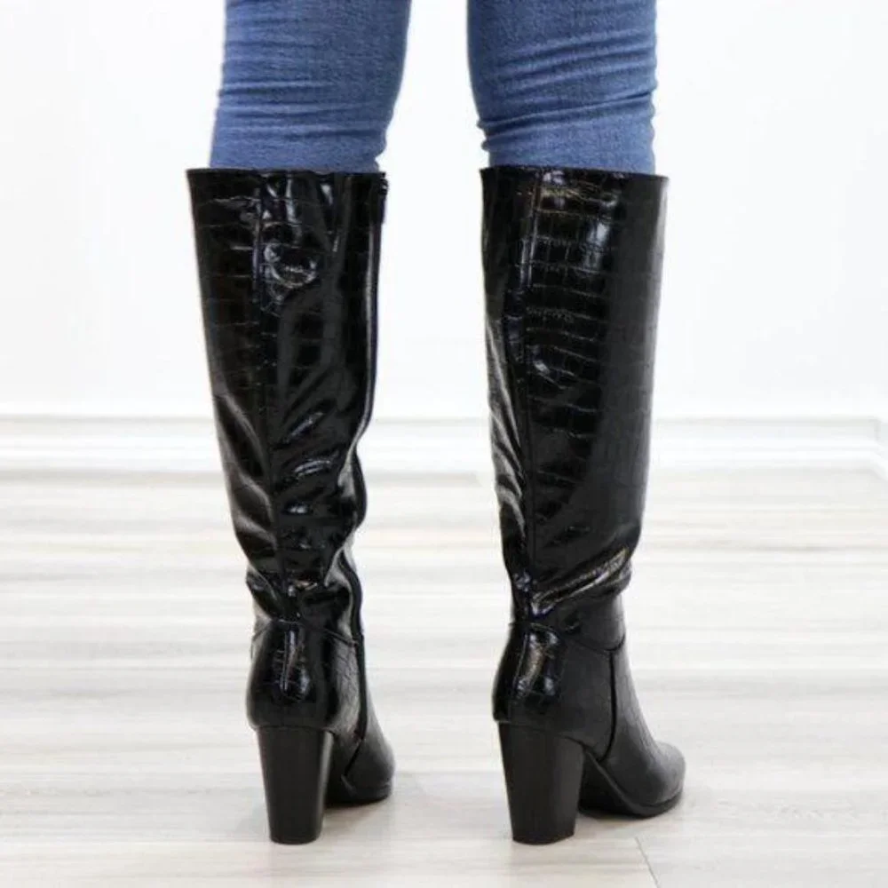 Black Pointy Croc Texture Boot Faux Shiny Leather - Picture 2 of 15